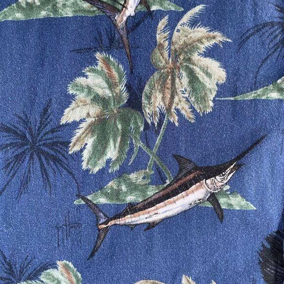 Guy Harvey AFTCO Hawaiian Shirt Mens Large Fish Print Blue Palm Tree AOP - Picture 4 of 13